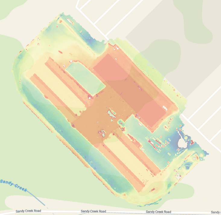 Construction site tolerance heatmap Scan 1 showing color-coded variance analysis for quality control and compliance verification