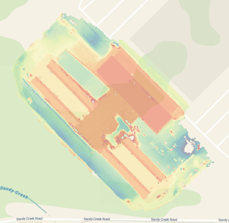 Construction site tolerance heatmap Scan 2 showing color-coded variance analysis for quality control and compliance verification