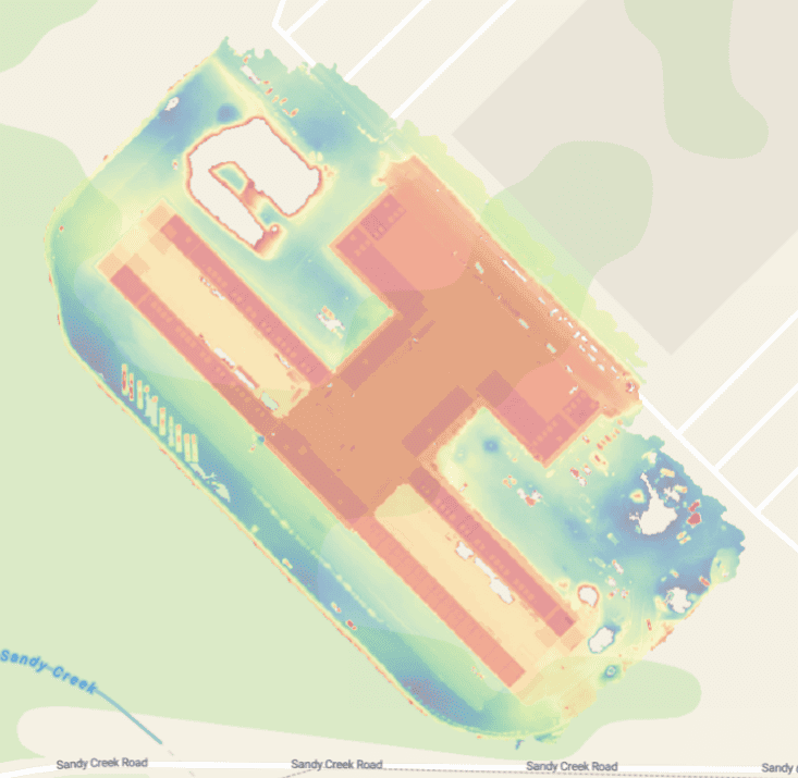 Construction site tolerance heatmap Scan 3 showing color-coded variance analysis for quality control and compliance verification
